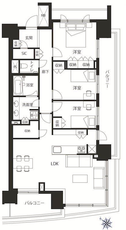 HARUMI FRAG SUN VILLEGE　A棟　7階南西向角部屋 間取り図