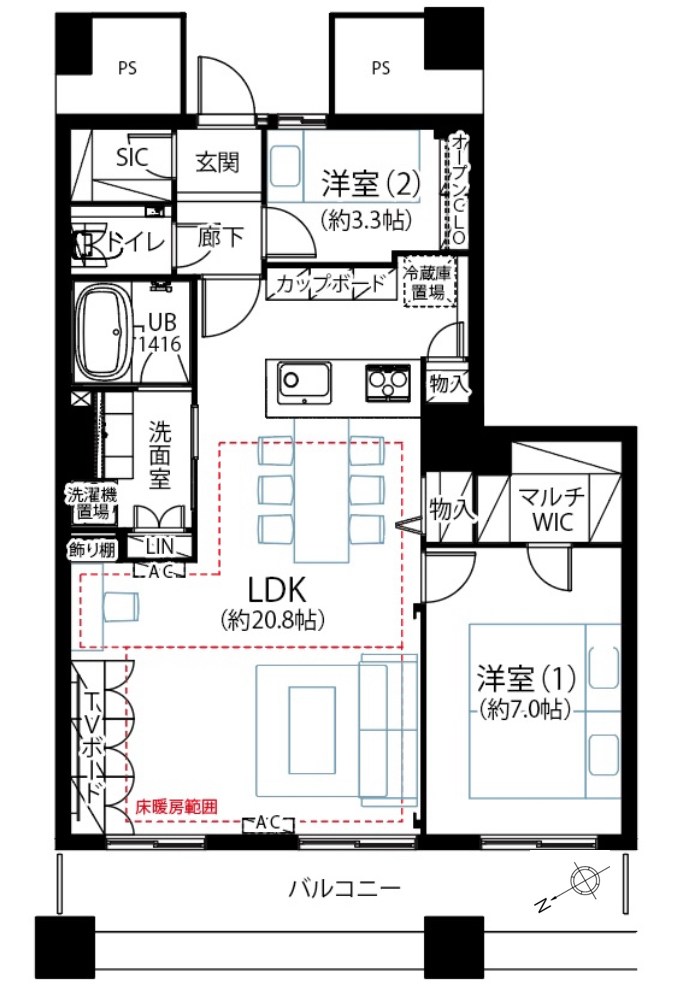 晴海アイランドトリトンスクエアビュータワー　43階北西向き 間取り図
