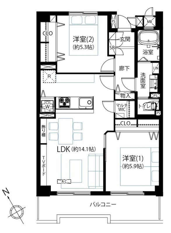 越中島三丁目ハイツ2号棟　6階南西向き 間取り図