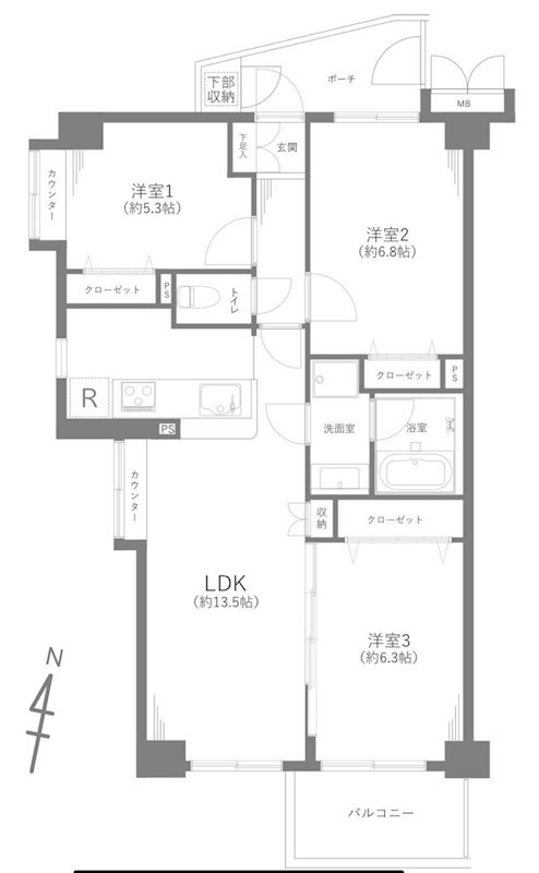 キャニオングランデ大島　3階南西角部屋 間取り図