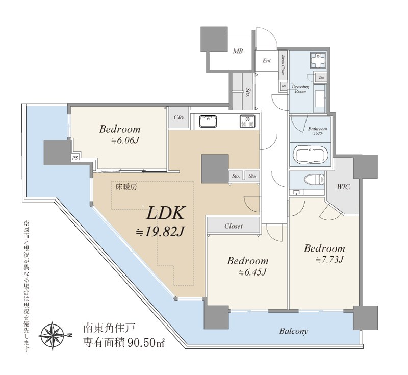 イーストコモンズ清澄白河セントラルタワー　南東角全室バルコニー 間取り図
