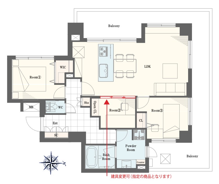 ネバーランド大島　6階3方向角バルコニー 間取り図