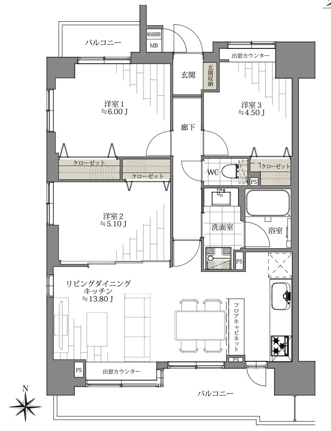 ルイシャトレ門前仲町　7階3方向角住戸 間取り図