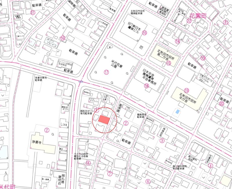 北秋田市東横町196番 現地案内図