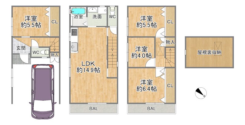 大阪市城東区新喜多東１丁目中古戸建 間取図・土地図