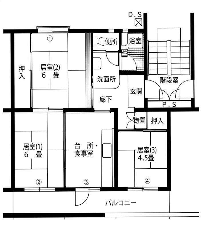 各居室に収納スペースを確保した3DKの間取り。広々としたバルコニーで日当たりも良好です。 富田第二住宅61号棟 間取り図